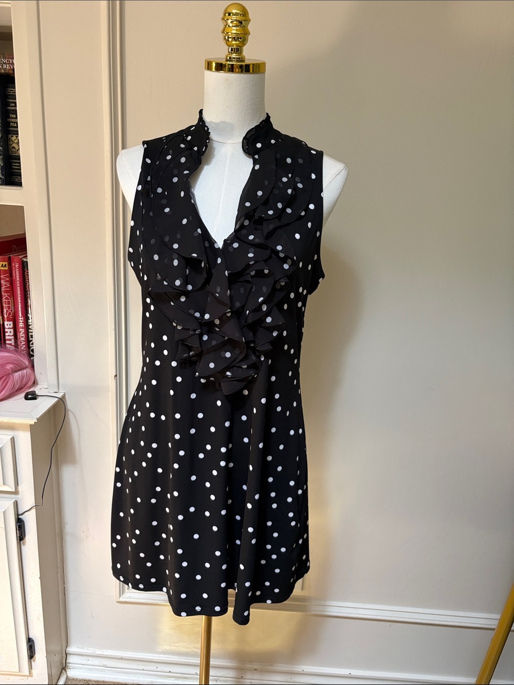 White House Black Market Polka Dot Ruffle Front Sleeveless Dress Size L